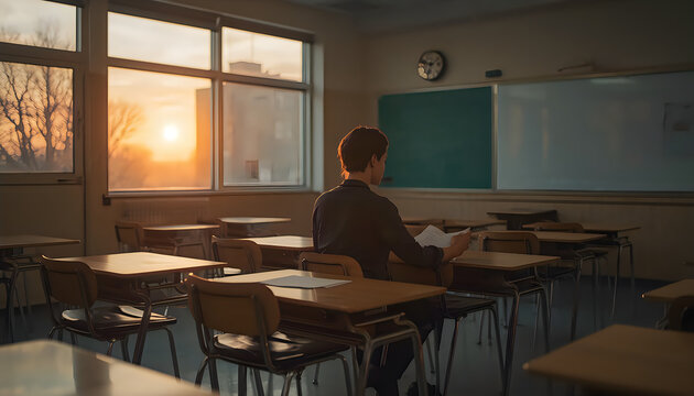 Lone student reads a book in an empty classroom at sunset.