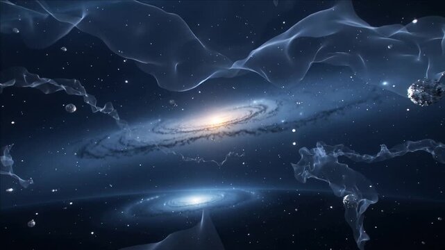 Streaming spiral galaxy shifting gas ribbons in space after tidal pull, revealing companion