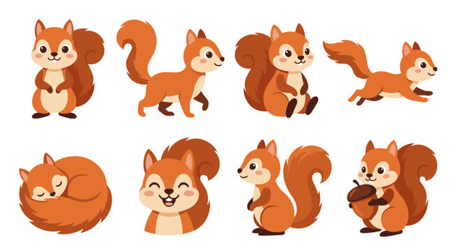 Cute squirrel character set vector with various poses like standing sitting walking running sleeping and holding acorn isolated on white background