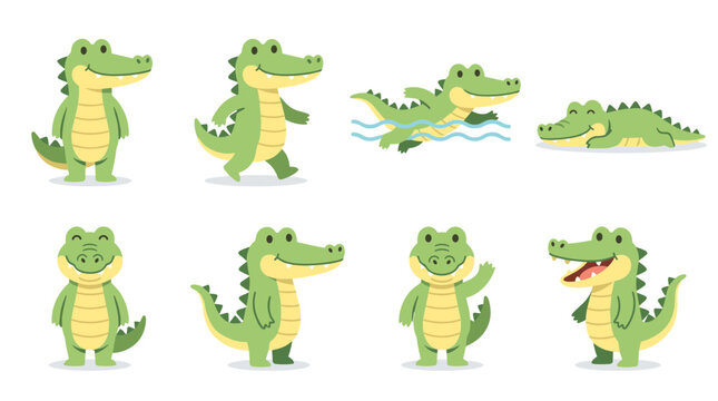 Cute crocodile character set vector with various poses like standing walking swimming lying down and waving isolated on white background