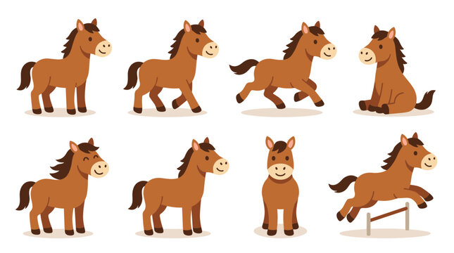 Cute brown horse character set vector with various poses like standing sitting walking running jumping obstacle isolated on white background