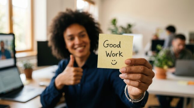 Professional woman holding sticky note with Good Work message and giving a thumbs up.