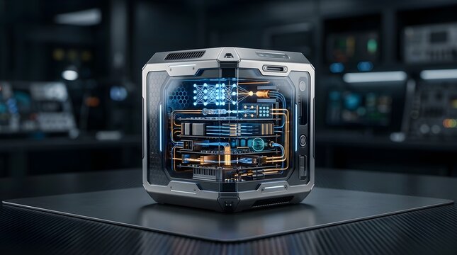  3D render of a futuristic computing core in a transparent protective case with glowing circuits in a tech lab. Concept for AI systems, secure computing, quantum research, and innovation.