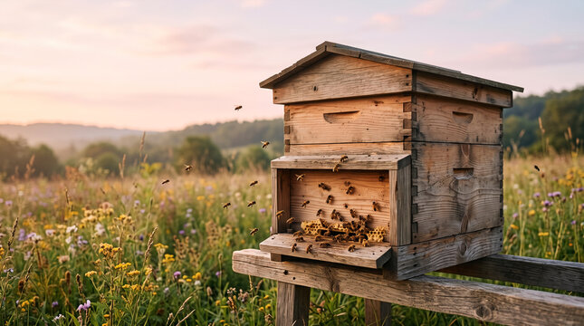 Wooden beehive in wildflower meadow with flying bees at sunset