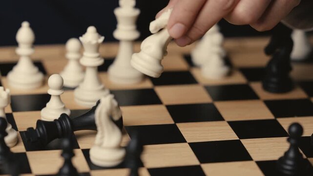hand holding a white chess knight taking black king, strategy concept