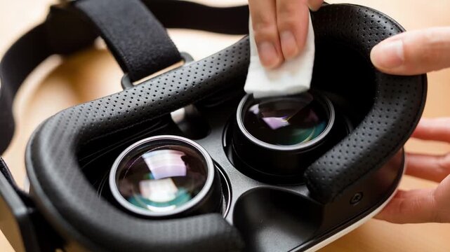 Placing cloth, hands steadying VR headset while wiping lenses on wood table, to clean lenses