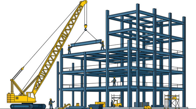 Modern steel building construction with a large crane lifting a beam into place