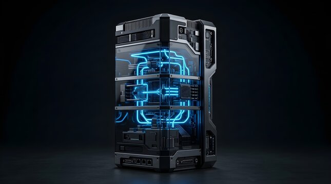 3D render of a futuristic cyber circuit board panel with glowing blue traces and microchips in a rugged frame. Concept for secure hardware, AI computing, and technology background.