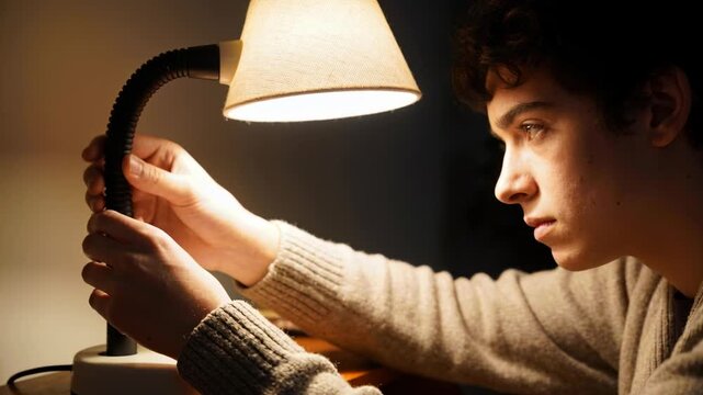 Adjusting male in beige knit bending gooseneck lamp on bedside, adjusting light to read with books
