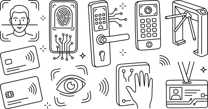 Biometric security and smart access control system line art icon set featuring face recognition fingerprint scanner digital lock iris tracking card reader and turnstile