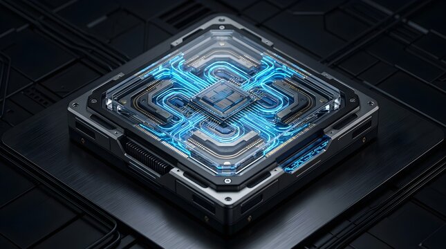  3D render of a futuristic processor board with glowing blue circuit traces and central microchip on a dark tech background. Concept for AI computing, data centers, and secure hardware.