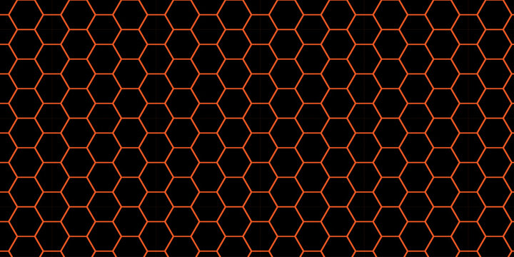 Glowing orange neon honeycomb background with dark hexagonal mesh pattern for modern gaming tech design