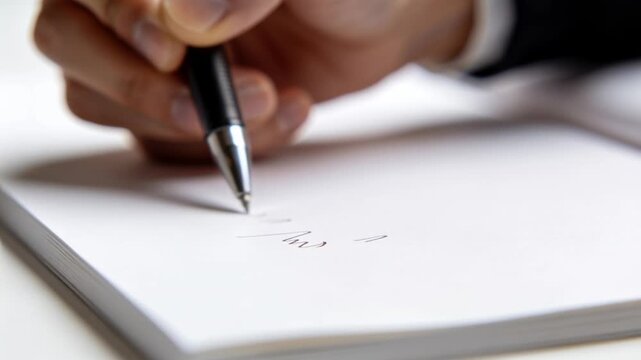 Touching pen tip to white pad, right hand making short ink strokes at desk, suit cuff