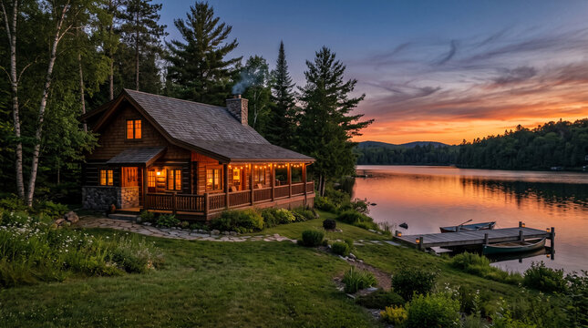 Cozy log cabin by tranquil lake at sunset with warm interior lights