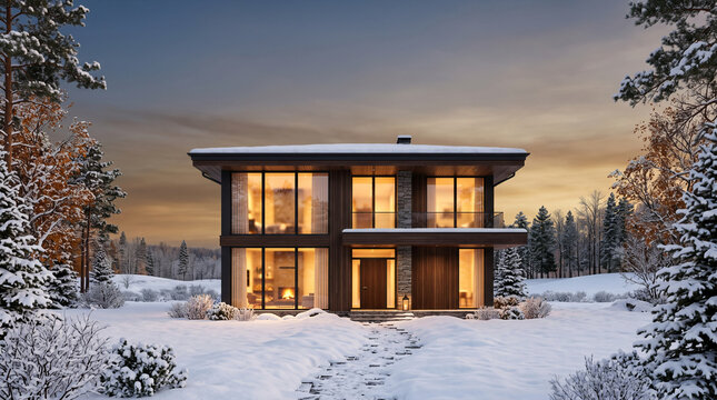 Modern luxury home in snowy forest at dusk with warm interior lights