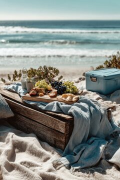 Beach picnic features wooden table with assorted fruits, pastries, and bottled drink. Soft blanket and cooler complement scenic ocean view. Warm sunlight creates inviting atmosphere