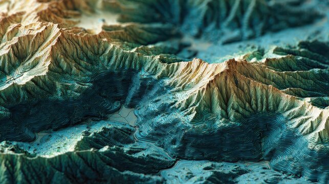 Topographical relief map of arid mountain terrain during golden hour with dramatic shadows and selective focus