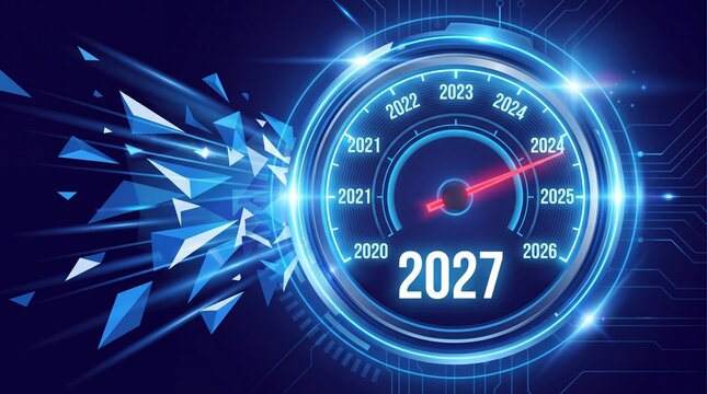 Futuristic speedometer gauge showing 2027 year progress with glowing blue digital motion effects.