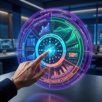 Circular holographic data dashboard with graphs, technology