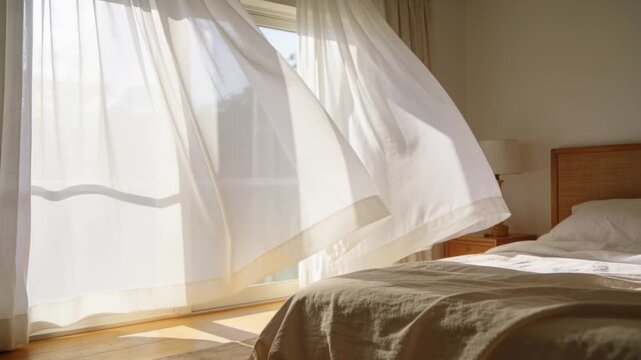 Flowing white curtains drifting into bedroom as breeze entering sliding door casting sun patches