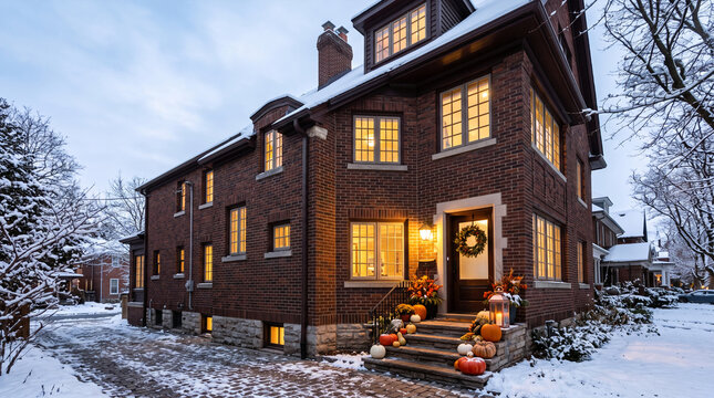 Brick house decorated for fall and winter with pumpkins and snow