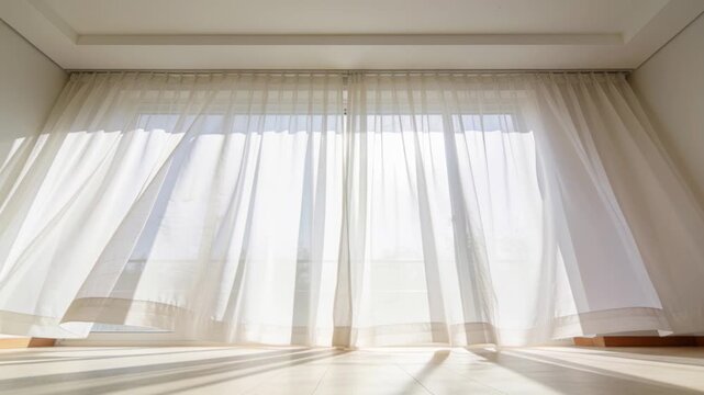 Billowing sheer white curtains lifting and rippling at floor-to-ceiling window, triggered by breeze