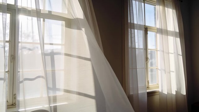Billowing sheer curtain moving from draft at open window, sweeping paned windows, casting shadows