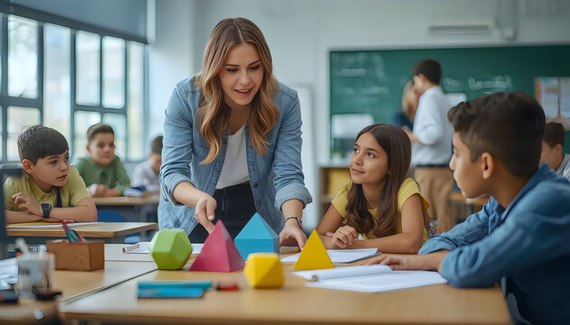 Teacher shows geometric shapes to attentive students in a classroom.