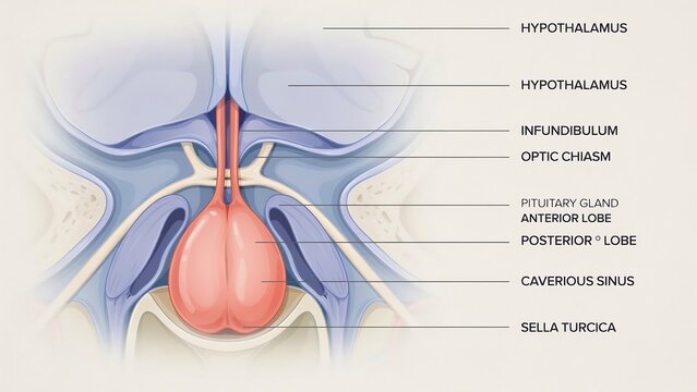 Anatomy diagram of the human pituitary gland and hypothalamus