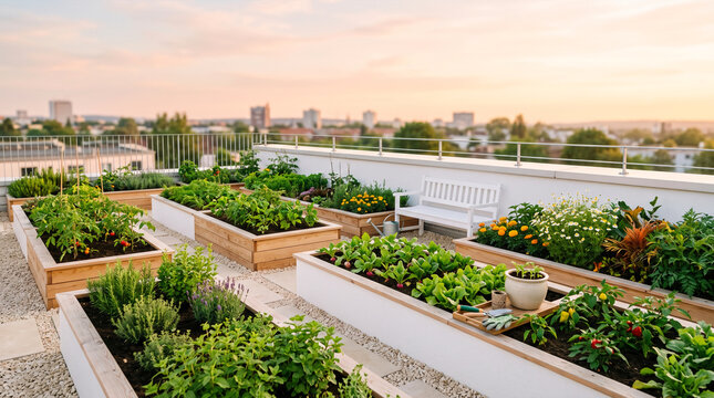 Urban rooftop garden with raised beds of vegetables and flowers at sunset