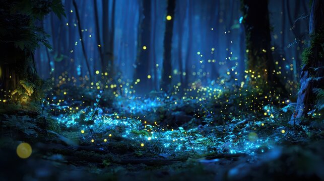 Magical forest floor with glowing fireflies during twilight in a mystical woodland setting