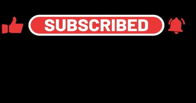 Subscribe button animation with hand cursor clicking Like and notification bell icons on a black background. Essential social media call to action overlay