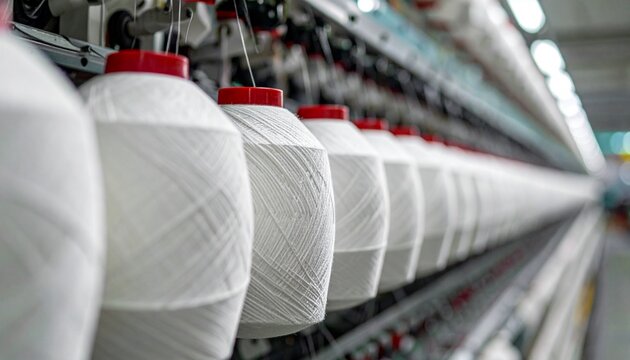 Industrial Textile Mill Spinning Machine Line with Rows of White Thread Spools and Red Caps for Cotton Yarn Manufacturing, Garment Production, and Fabric Weaving Concepts