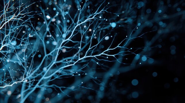 Abstract blue branches with glowing lines create mesmerizing visual effect. Light particles add depth to dark background, creating tranquil and enchanting atmosphere