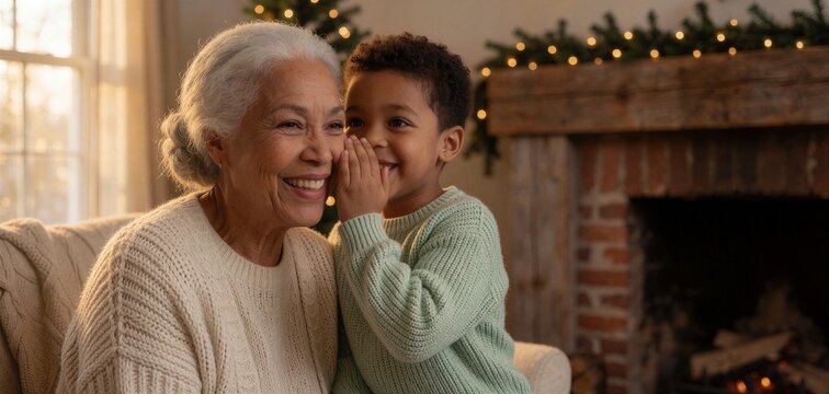 Christmas laughter between a smiling elderly grandmother and a young boy in a cozy living room setting.