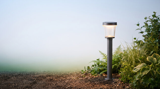 Solar-powered garden light illuminates pathway surrounded by lush greenery and gravel