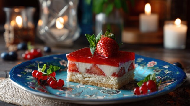 Delicious strawberry dessert topped with fresh mint leaves on decorative plate. Background features candles creating warm ambiance. Ideal for culinary and celebration themes