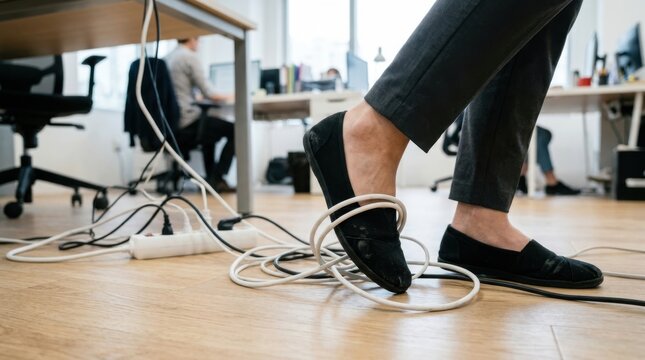 Person tripping over tangled electrical cables on office floor, workplace safety hazard.