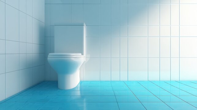 Toilet in modern bathroom features light blue tiles and clean, minimal design. Bright light creates airy ambiance with calm atmosphere