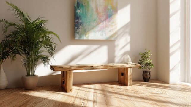 Natural wood bench complements vibrant abstract art in bright room. Soft light enhances textures and greenery, creating serene indoor atmosphere