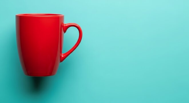 A single bright red ceramic coffee mug isolated on a solid light blue background with copy space