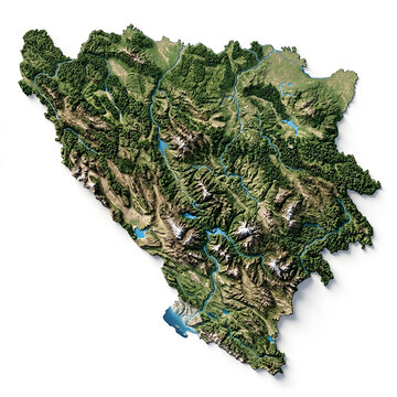 Satellite view of the country of bosnia and herzegovina showing terrain and landscape details on white background