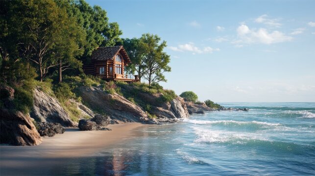 Cabin by ocean captures serene coastal landscape. Gentle waves lap against sandy shore with rocky outcrops. Lush greenery frames rustic wooden home in bright sunlight