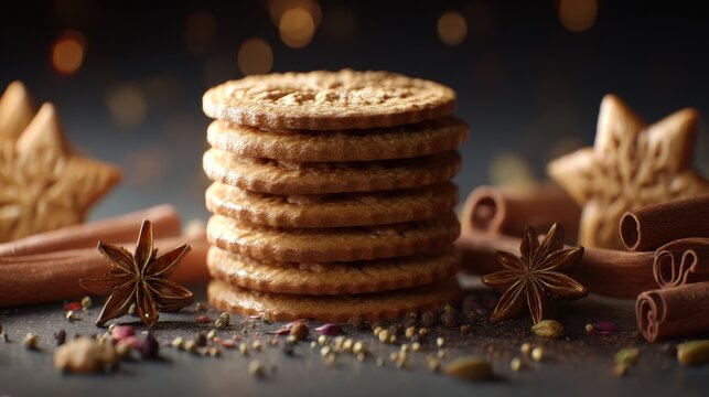 Cookies stacked elegantly with decorative star shapes and spices. Cinnamon sticks and colorful sprinkles enhance festive atmosphere with warm light and soft focus