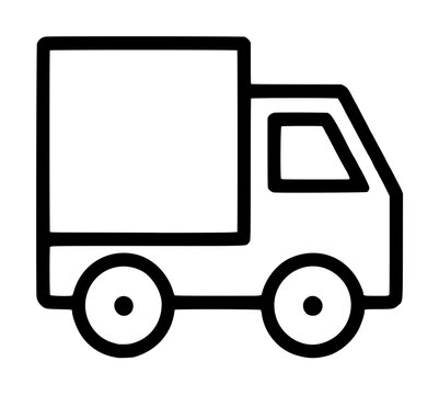 Minimalist black and white vector icon of a delivery truck or transport van, featuring bold outlines and a clean design, perfect for logistics, shipping, and commercial transportation illustrations.