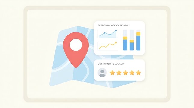 A digital dashboard interface featuring a map with a red location pin and data charts.