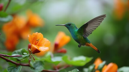 Naklejka premium Hummingbird feeding on vibrant orange flowers showcases delicate wings and bright feathers. Lush greenery creates soft background, enhancing vivid colors and serene atmosphere