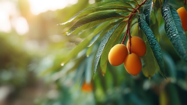 Ripe yellow fruits hang from green leaves in lush garden. Water droplets glisten on foliage, capturing soft natural light in vibrant setting. Freshness and vitality are evident