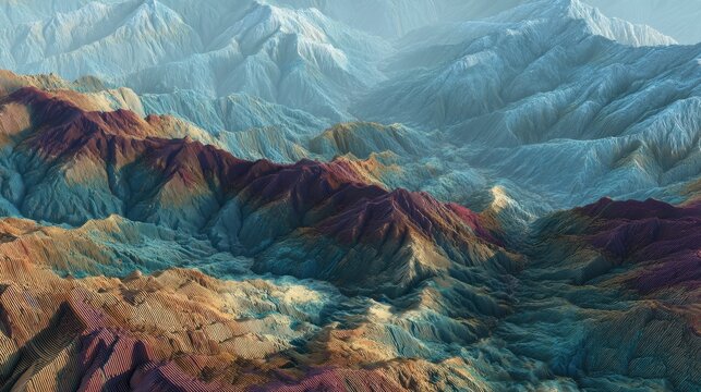 3D abstract mountain landscape with layered peaks and valleys. Colors range from deep reds to soft blues. Complex textures create depth and movement in this unique terrain