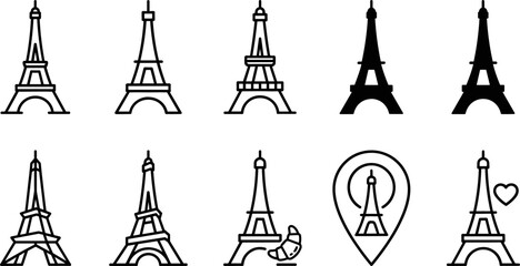 Fototapeta premium Eiffel Tower Icon Set with Paris Landmark Symbols for Travel Apps Websites Tourism Maps Graphic Designs and French Culture Infographics